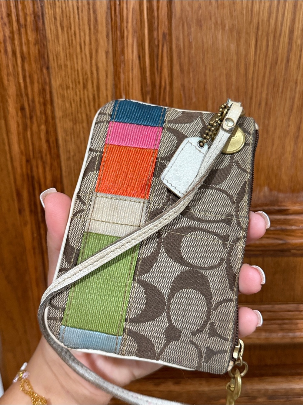 Coach Y2K Tan Signature Canvas Wristlet with Multicolor Stripe Accents - Picture 7 of 11